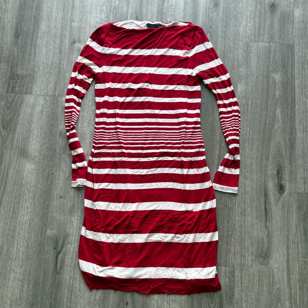 Ralph Lauren Red White Striped Boat Neck Long Sleeve Sheath Dress Medium